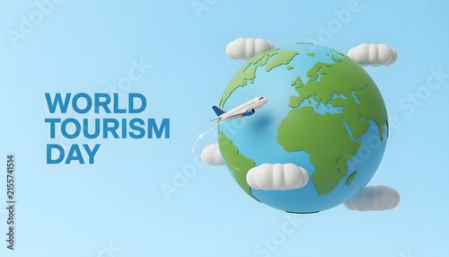 Toy style globe planet with commercial flight and fluffy clouds on blue background