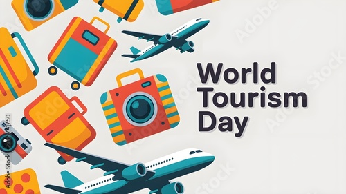 World Tourism Day vector design with airplanes luggage baggage and camera illustrations on off-white background