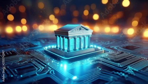 digital banking architecture glowing on a circuit board with bokeh lights