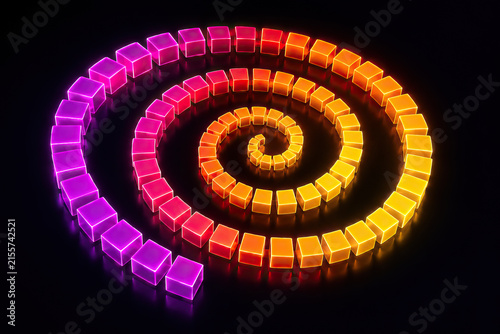 A mesmerizing 3D rendering showcases a spiraling pattern of vibrant cubes. The background is a solid black, which contrasts with the vibrant colors of the cubes, making them stand out prominently.