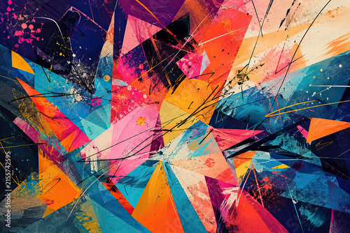 A vibrant digital artwork featuring overlapping geometric shapes in deep teal, fiery orange, blush pink, and sunny yellow.