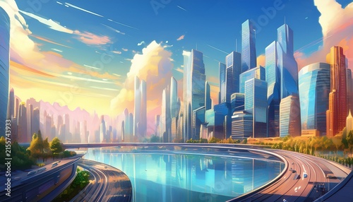 panorama buildings skyscrapers in city in animation style