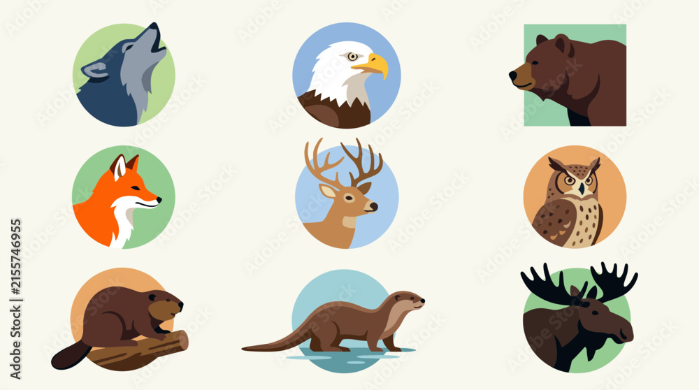 Obraz premium Flat design vector icon set featuring North American wildlife animals like wolf, eagle, bear, fox, deer, owl, beaver, otter, moose.