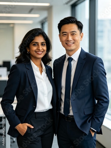 Confident business man and woman standing in modern office, professional leadership and corporate partnership concept