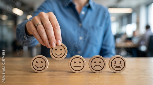 Hand placing a happy face wooden coin for customer service feedback and satisfaction rating