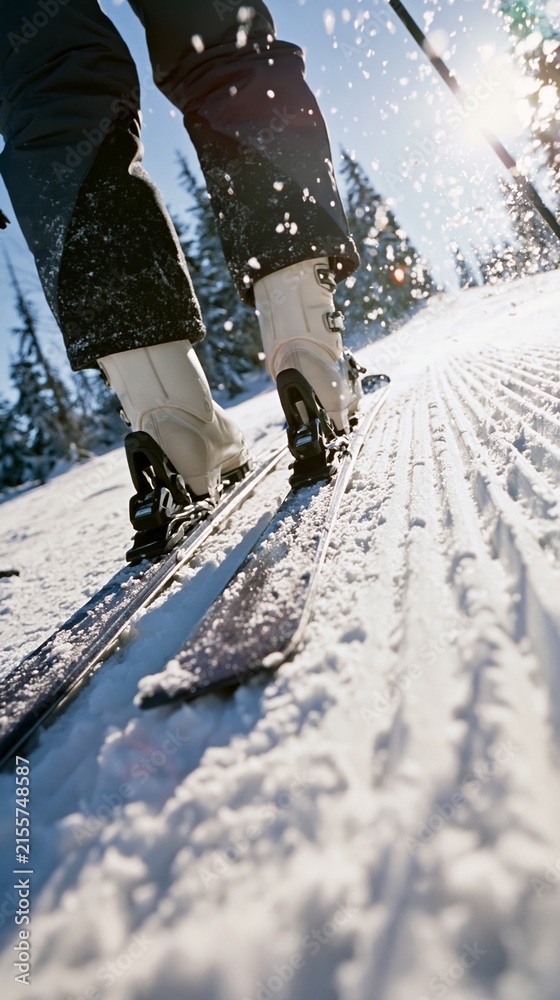 Fototapeta premium Skier's lower legs and white boots gliding on freshly groomed snow, enjoying winter mountain sport