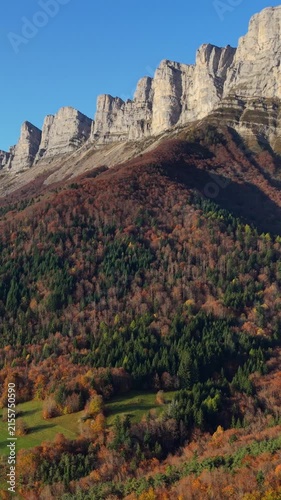 The Vercors Massif range with mountain peaks in autumn (aerial view). Morning ligh in Vercors Regional Natural Park, Isere, Rhone-Alpes, Alps, France