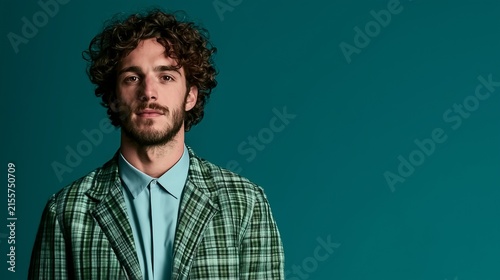 stylish young guy with curly hair and beard in a checkered jacket looking at camera in a male portrait and trendy fashion concept