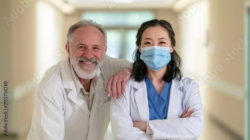 Two Doctors Standing Together in Hospital Corridor, Healthcare Team Concept