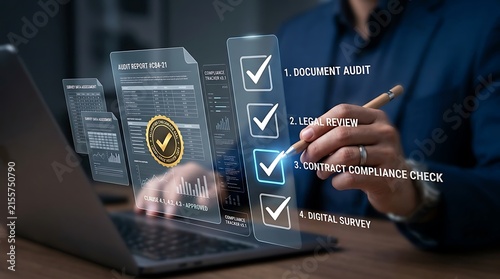Businessman auditing digital contract with holographic checklist and compliance verification