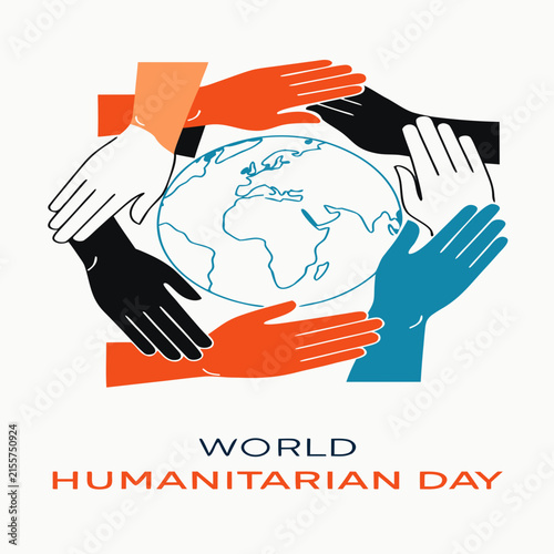 World Humanitarian Day Vector Illustration with Diverse Helping Hands Around Globe, Global Unity, Community Support, Line Art Icon, Logo, Clipart