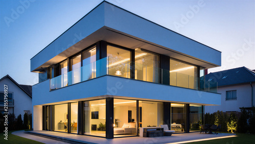 Modern luxury villa architecture with glass balconies and illuminated interior at dusk, real estate