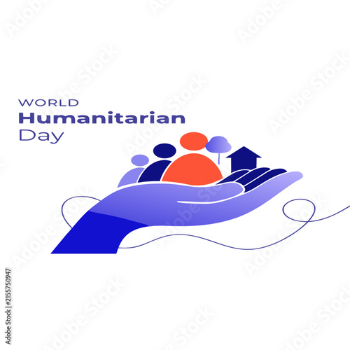 World Humanitarian Day Vector Illustration with Protective Hand, Family Care, Community Support, Shelter, Line Art Icon, Logo, Clipart
