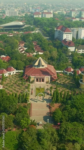 Aerial Yogyakarta cityscape around iconic Tugu landmark district