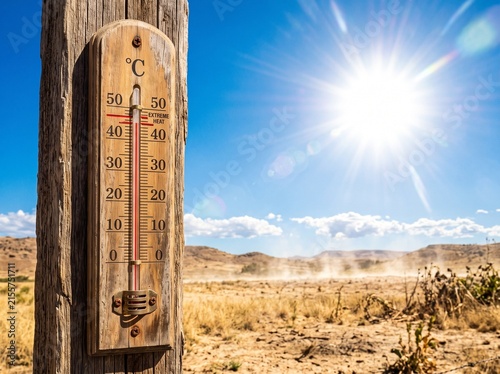 Extreme Heatwave with Thermometer Showing 45 Degrees Celsius in Dry Arid Desert Under Scorching Sun
