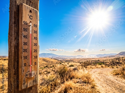 Thermometer Showing High Temperature Under Bright Sun in Dry Desert Landscape During Extreme Heatwave