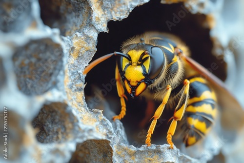 Wasp emerging from its nest close up