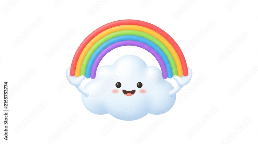 Fototapeta premium Smiling fluffy cloud with a vibrant rainbow arcing overhead in a cheerful weather scene.