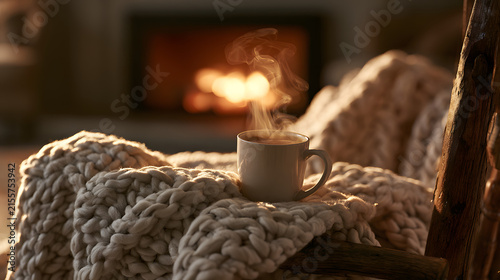 A mug of steaming tea sits atop a chair in a snug living room with a fireplace, enveloped by a soft wool blanket. It's a cozy winter day