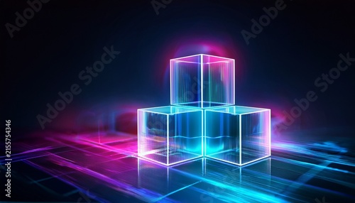 stacked 3d translucent glowing cubes in cyan and magenta against a dark background concept of blockchain technology modular logistics cloud storage and digital building blocks