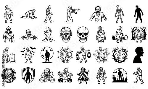 Set of hand drawn zombie icons and horror characters in black and white vector illustration style