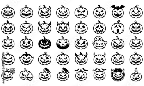 Set of black and white halloween pumpkin icons with various scary faces and spooky decorative elements