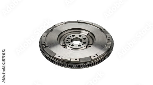 Flywheel for automotive engine clutches is isolated on a white background, showing detailed metal teeth.