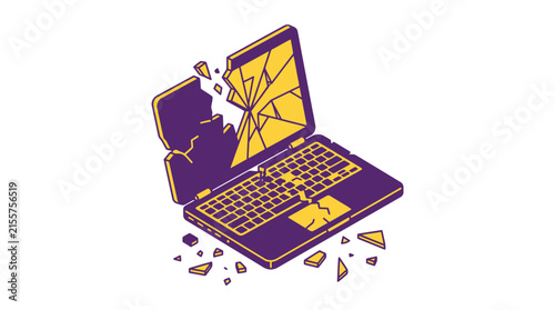 Broken Laptop Computer Screen, Damaged Technology Isolated