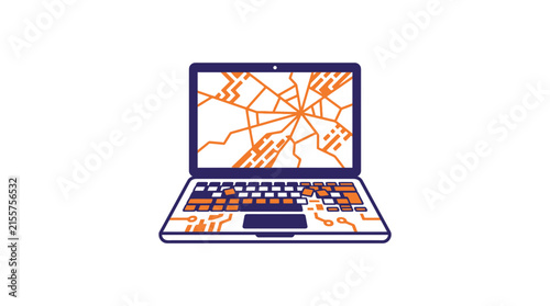 Broken Laptop Screen with Circuit Board Keyboard Isolated