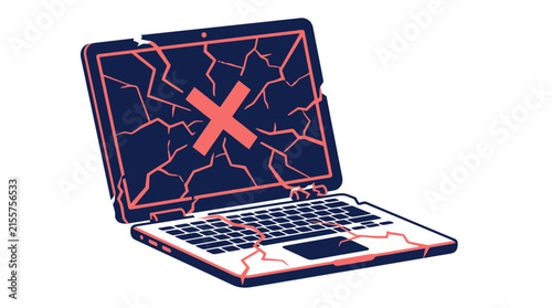 Broken Laptop Screen with Red X, Isolated