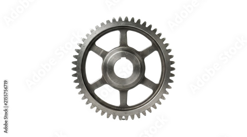 Gear wheel made of steel is isolated on a clean white background, representing industrial machinery.