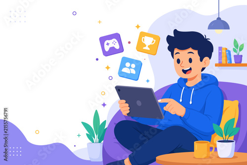 Young man using a tablet at home with colorful digital icons, representing technology, online entertainment, digital lifestyle, social media, and modern communication.
