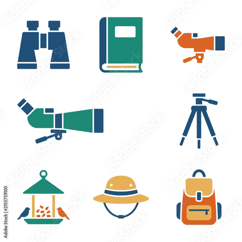Bird watching equipment icons display essential gear including binoculars, books, spotting scopes, a tripod, a bird feeder, a hat, and a backpack.