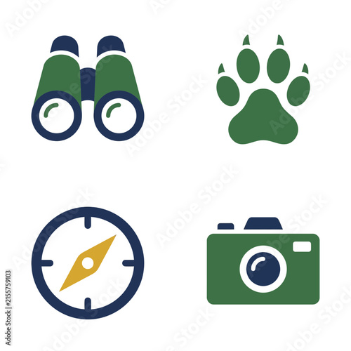 Adventure icons set features flat designs of binoculars, a wild animal paw print, a compass, and a camera.