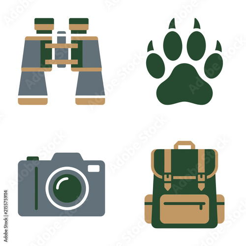 Icons representing outdoor adventure gear including binoculars, a paw print, a camera, and a backpack.