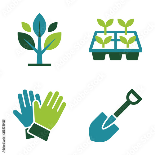 Gardening icons set featuring a growing plant, seedling tray, work gloves, and a shovel.