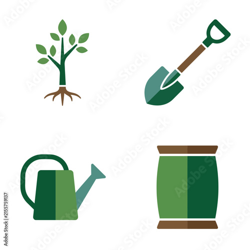 Planting icons including a sapling with roots, a green shovel, a watering can, and a sack of soil on a plain background.