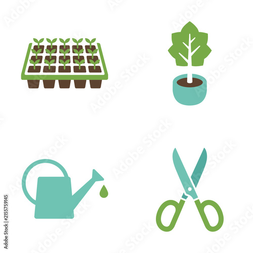 Horticulture icons showing a seedling tray, a potted plant, a turquoise watering can, and gardening shears on a white background.