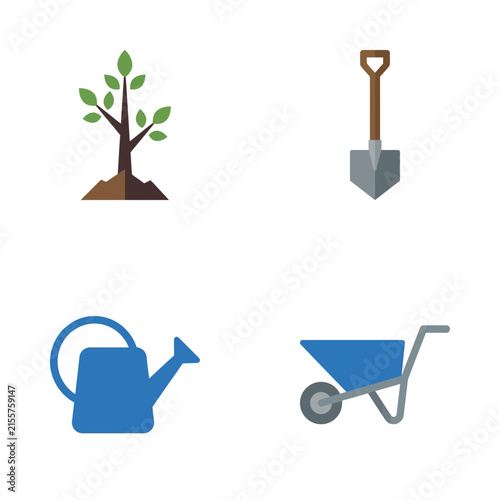 Gardening equipment icons depicting a young sapling tree, a shovel, a blue watering can, and a wheelbarrow.