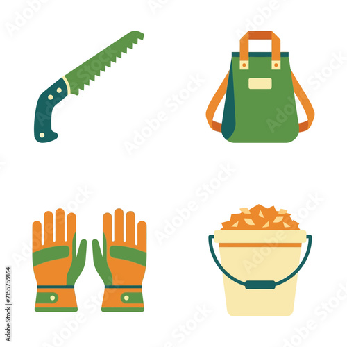 Gardening tools icon set featuring a hand saw, protective gloves, an apron, and a soil bucket isolated on a white background.