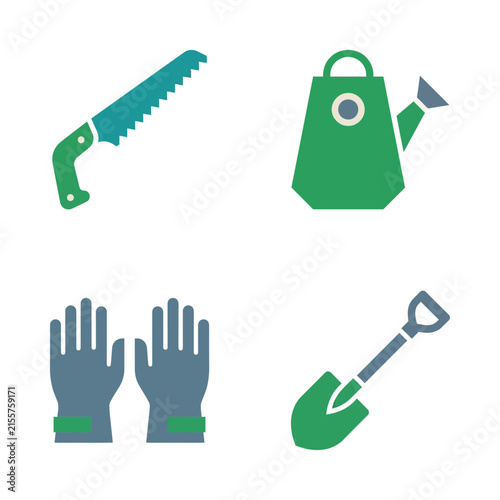 Gardening equipment icons including a hand saw, watering can, protective gloves, and digging shovel.