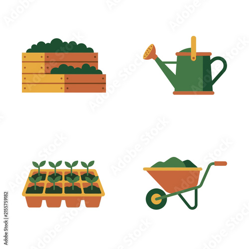 Gardening icon set featuring a wooden planter box, watering can, seedling tray, and wheelbarrow on a white background.