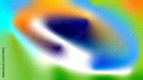 Gradient abstract design reveals a grainy distorted oval shape with vibrant cyan, orange, green, and navy colors.