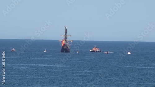 Historic Galleon with Spanish flag sailing close to the coast of Ireland in County Donegal