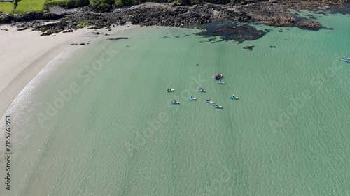 Aerial view of a Standup Paddle group at Narin Beach by Portnoo in County Donegal, Ireland