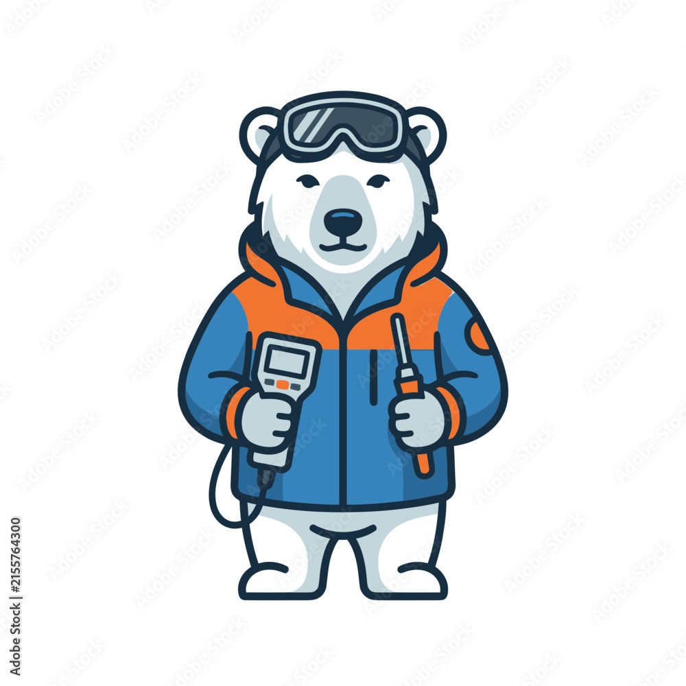 Fototapeta premium Cartoon polar bear wearing ski goggles and a winter jacket holds a device with a screen and a smaller tool, ready for outdoor adventure or technical work.