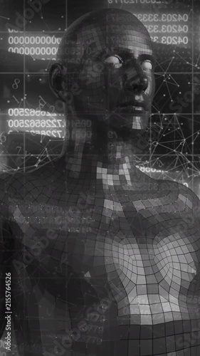 Male human body model and network of connections against security chain on black background