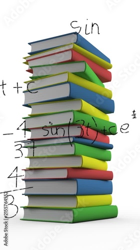 Pile of books and mathematical equations and graphs