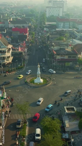 Aerial view of Tugu Yogyakarta landmark and surrounding city intersection