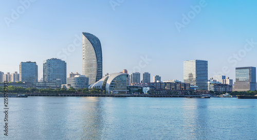 The skyline of modern urban architecture in Shanghai, China, and the scenery of Yangpu Bridge and Huangpu River 